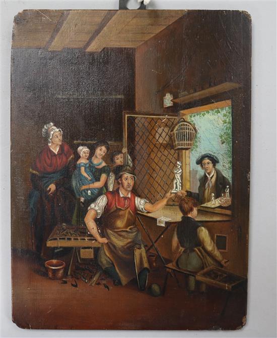 A 19th century French School, Workshop interior 19 x 14cm unframed